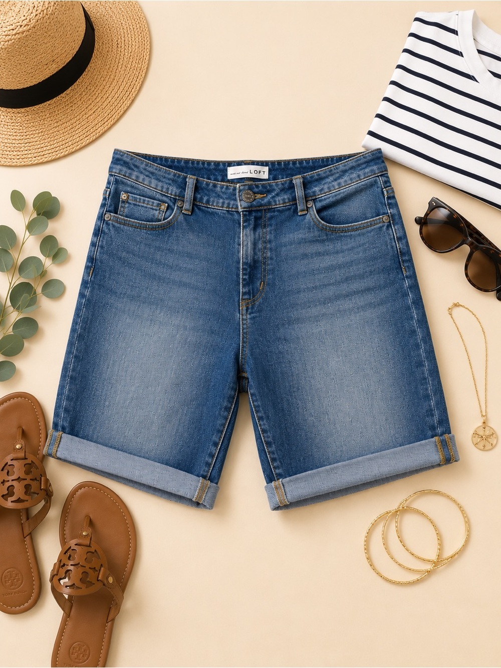 LOFT Denim Bermuda Shorts Size 12/31 Mid Rise Stretch Cuffed Blue Jean Shorts